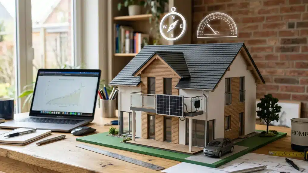 Ein Modellhaus mit Sonnenkollektoren steht auf einem Schreibtisch neben einem Laptop mit Diagrammen, Papieren und einem Kaffeebecher. Augmented-Reality-Symbole zeigen die Ausrichtung und den Neigungswinkel des Balkonkraftwerks in dieser modernen Home-Office-Umgebung.
