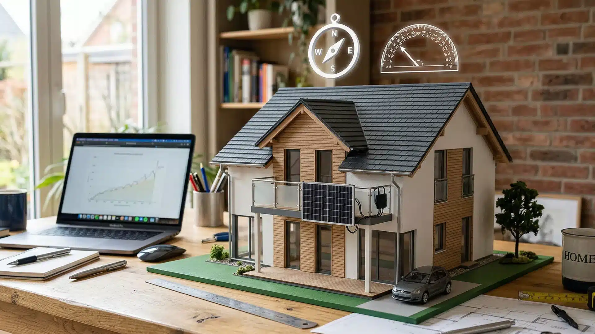 Ein Modellhaus mit Sonnenkollektoren steht auf einem Schreibtisch neben einem Laptop mit Diagrammen, Papieren und einem Kaffeebecher. Augmented-Reality-Symbole zeigen die Ausrichtung und den Neigungswinkel des Balkonkraftwerks in dieser modernen Home-Office-Umgebung.