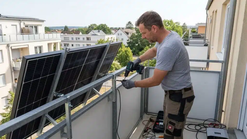 Ein Mann in Arbeitskleidung installiert mit einer Bohrmaschine Solarmodule an einem Metallgeländer, um sein Balkonkraftwerk zu erweitern, während im Hintergrund Wohnhäuser und Grünanlagen zu sehen sind.