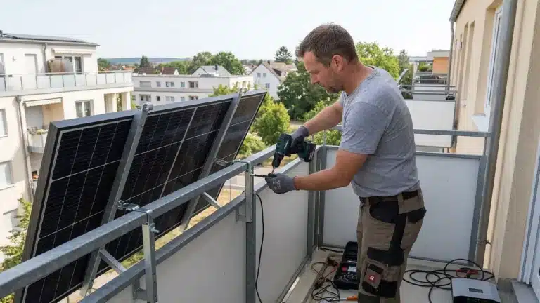 Ein Mann in Arbeitskleidung installiert mit einer Bohrmaschine Solarmodule an einem Metallgeländer, um sein Balkonkraftwerk zu erweitern, während im Hintergrund Wohnhäuser und Grünanlagen zu sehen sind.