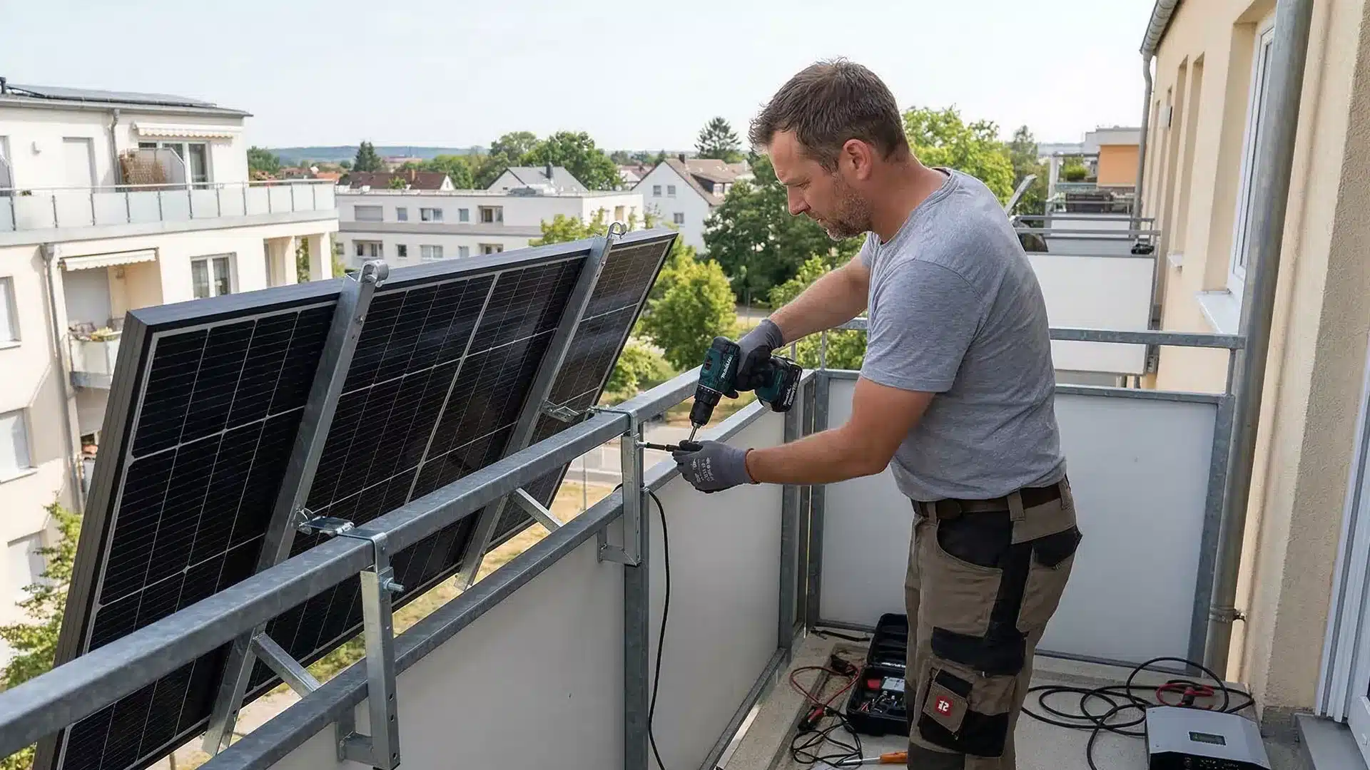 Ein Mann in Arbeitskleidung installiert mit einer Bohrmaschine Solarmodule an einem Metallgeländer, um sein Balkonkraftwerk zu erweitern, während im Hintergrund Wohnhäuser und Grünanlagen zu sehen sind.