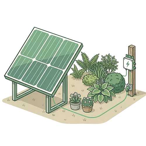 Eine Illustration eines Solarmoduls neben einem kleinen Garten mit verschiedenen Pflanzen, das über ein Kabel mit einer Steckdose an einem Holzpfosten verbunden ist - perfekt, um zu zeigen, wie ein Balkonkraftwerk-Rechner Ihre Energieanlage optimieren kann.