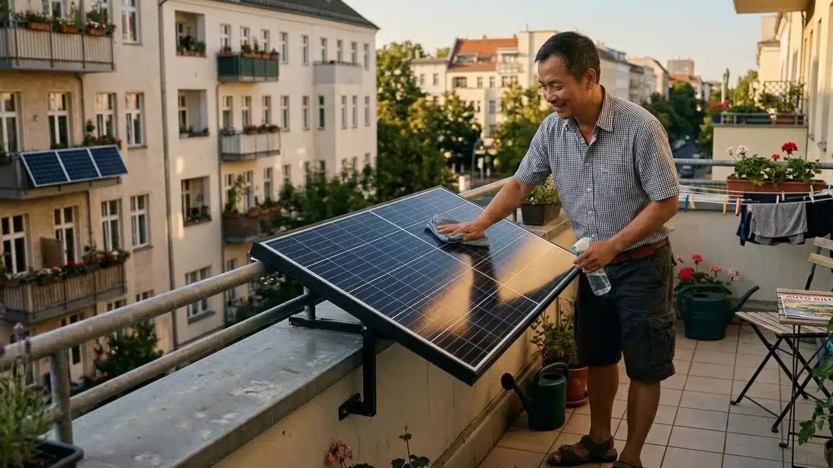 Ein Mann lächelt, während er ein auf einem sonnigen Wohnungsbalkon installiertes Solarmodul reinigt, umgeben von Topfpflanzen und städtischen Gebäuden im Hintergrund.