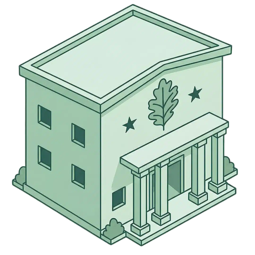 Illustration eines klassizistischen Gebäudes mit Säulen, einem dreieckigen Giebel, einem Eichenblatt und zwei Sternen an der Fassade, Büschen am Eingang und Fenstern an zwei sichtbaren Seiten. Der Stil ist einfach und in Grüntönen gehalten.