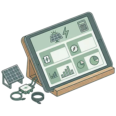 Eine Tafel auf einem Holzständer zeigt Solar- und Energiediagramme, darunter einen Balkonkraftwerk-Rechner. In der Nähe befinden sich ein kleines Solarpanel, eine Platine und Verbindungskabel, die auf die Überwachungstechnologie für erneuerbare Energien hinweisen.