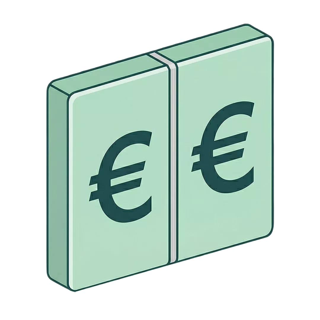 Zwei rechteckige hellgrüne Blöcke, jeder mit einem großen dunklen Euro (€)-Symbol auf der Vorderseite, nebeneinander angeordnet.