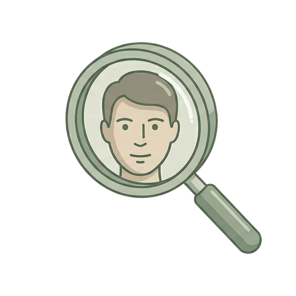 Illustration einer Lupe, die das Gesicht eines Mannes fokussiert, dargestellt mit einfachen Linien und gedämpften Farben, auf weißem Hintergrund - ideal für Themen im Zusammenhang mit Energieberatern und Expertenanalysen.