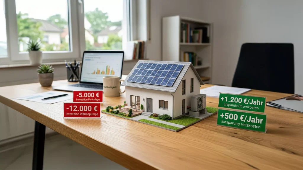 Ein Schreibtisch mit einem Modellhaus mit Sonnenkollektoren, umgeben von Papierkram, einem Laptop und einer Kaffeetasse. Infografiken zeigen Investitionskosten und jährliche Einsparungen für Solar- und Heizungsanlagen in Deutsch und Euro.