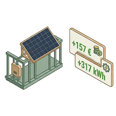 Isometrische Darstellung eines Solarmoduls auf einer Grünanlage, mit Schildern, die +157 € und +317 kWh anzeigen - dies verdeutlicht die mit dem Balkonkraftwerk-Rechner berechneten Einsparungen.
