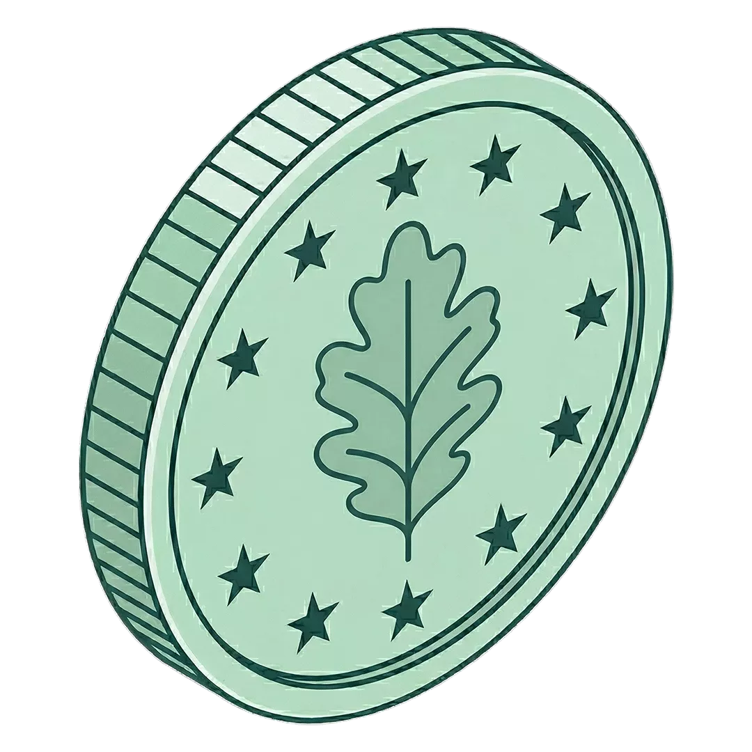 Eine hellgrüne Münze mit einem Eichenblatt in der Mitte, umgeben von einem Kreis aus zwölf Sternen, mit sichtbaren Rändern.