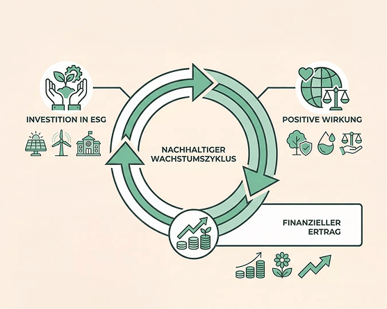 Ein kreisförmiges Flussdiagramm mit der Aufschrift Nachhaltiger Wachstumszyklus zeigt drei Stufen: Investition in ESG mit Öko- und Energiesymbolen, Positive Wirkung mit Globus- und Waagensymbolen und Finanzieller Ertrag mit Münzen und Pflanzensymbolen.