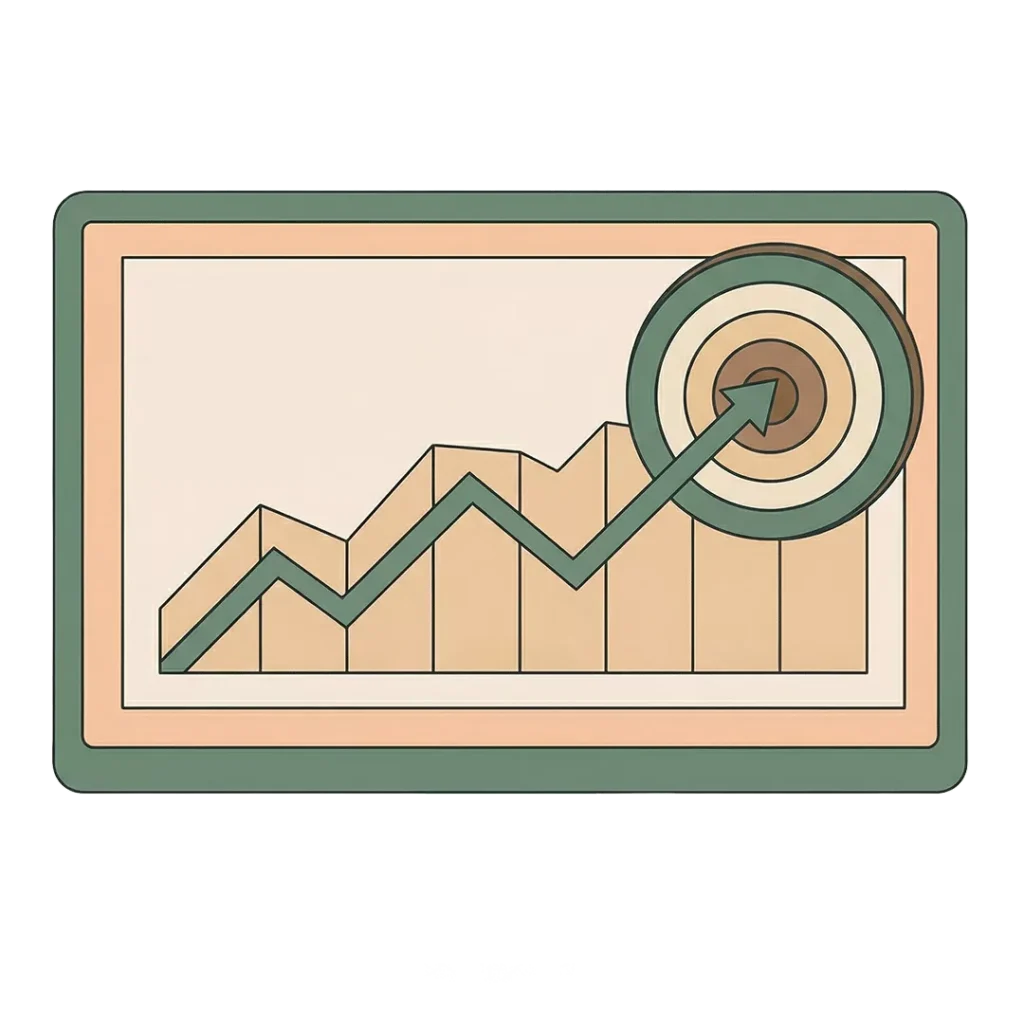 Eine stilisierte Illustration eines Liniendiagramms mit einem Aufwärtstrend, überlagert mit einer Zielscheibe und einem Pfeil, der ins Schwarze trifft, als Symbol für Wachstum und Zielerreichung.