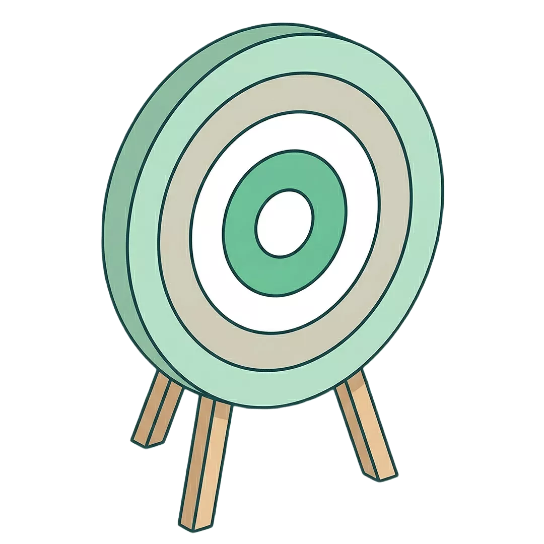 Illustration einer grünen und weißen Zielscheibe auf einem Holzständer, schräg betrachtet, mit konzentrischen Kreisen und ohne Pfeile.