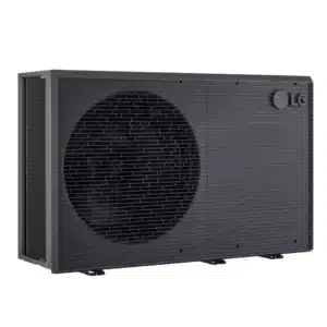 Ein schwarzes LG-Klimagerät für den Außenbereich mit einem großen runden Lüftergitter auf der linken Seite und dem LG-Logo in der rechten oberen Ecke.