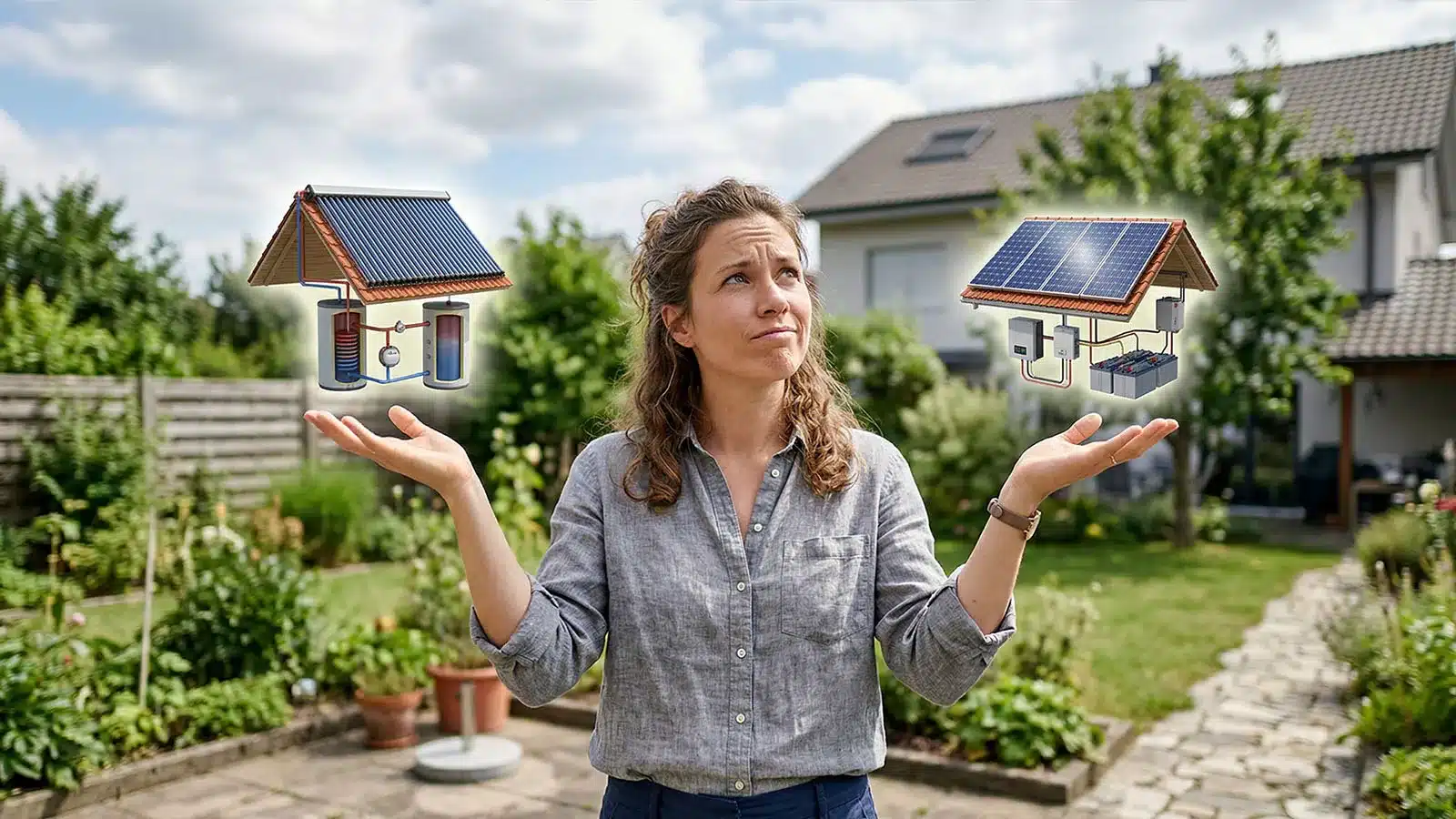 Eine Frau steht in einem Garten und hält ihre Hände hoch, als wöge sie zwei illustrierte Solaranlagen - Photovoltaik oder Solarthermie - in jeder Hand, mit einem Haus und Grünflächen im Hintergrund.
