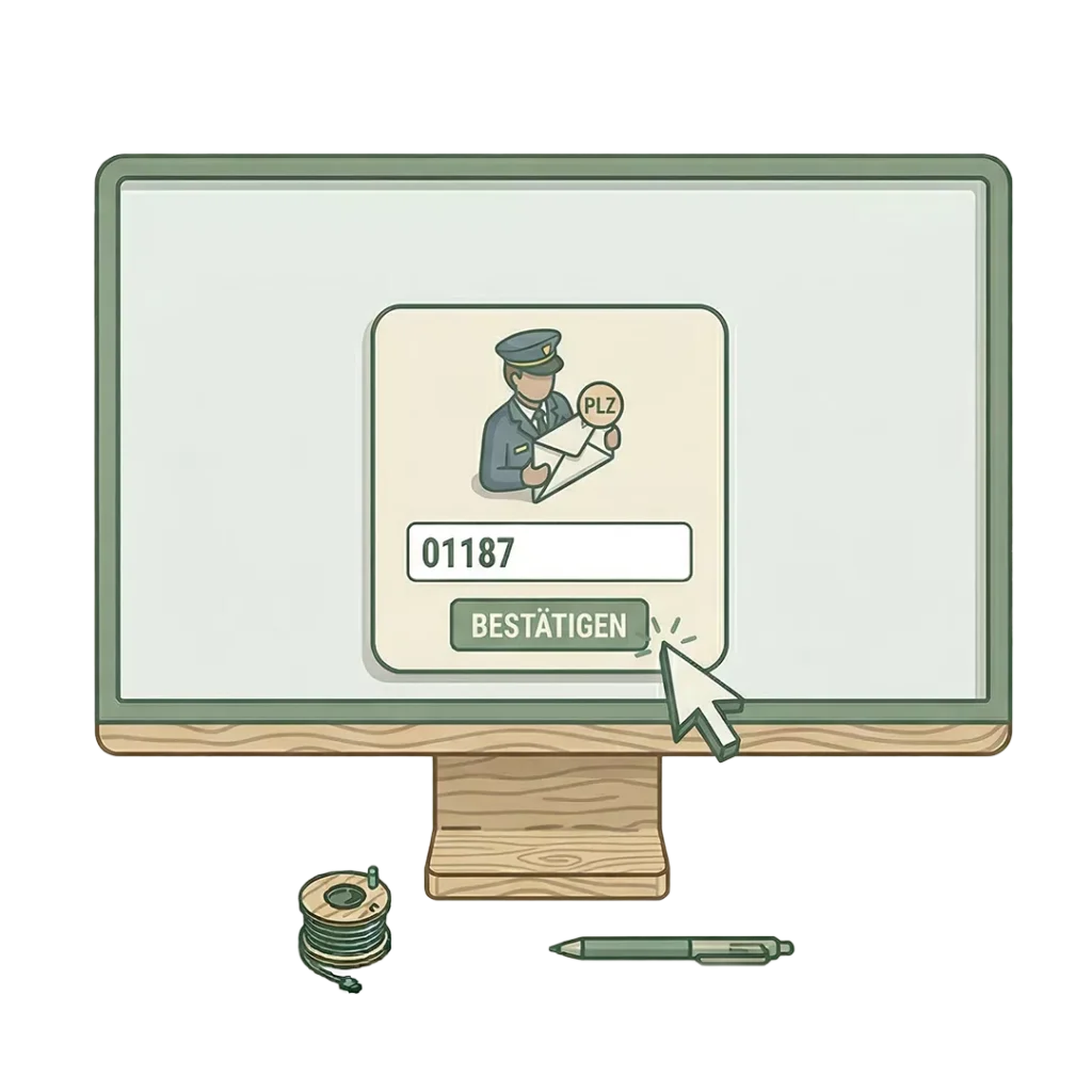 Die Abbildung eines Computerbildschirms zeigt einen Postbeamten, der einen Brief in der Hand hält, ein Textfeld mit 01187 und einen Cursor, der auf BESTÄTIGEN klickt. Auf dem Schreibtisch darunter befinden sich ein Klebebandabroller, ein Stift und Dokumente mit der Aufschrift energieberater.
