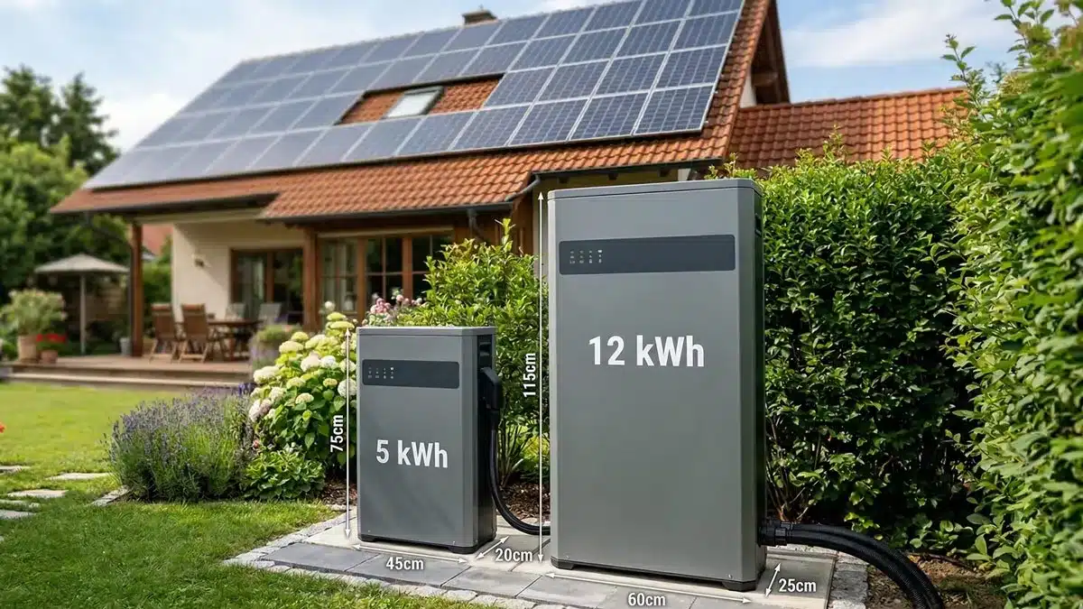 Zwei Batteriespeicher mit den Bezeichnungen 5 kWh und 12 kWh, die jeweils ihre PV-Speichergröße anzeigen, stehen in einem Garten vor einem Haus mit Sonnenkollektoren auf dem Dach, umgeben von üppigem Grün.