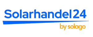 Logo mit dem Text Solarhandel24 in blau über einer blauen Linie, und von solago in orange unter der Linie, auf einem transparenten Hintergrund.