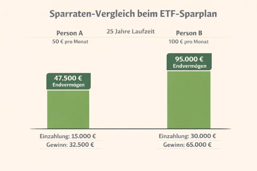 Balkendiagramm für ETF Sparplan Vergleich: Person A legt 25 Jahre lang 50 €/Monat an und hat am Ende 47.500 €; Person B legt 100 €/Monat an und hat am Ende 95.000 €. Beide Balken zeigen die Einzahlungen und Gewinne unter den Gesamtbeträgen.
