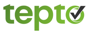 Grünes Kleinbuchstaben-Wort "tepto" mit einem Häkchen innerhalb des Buchstabens "o", das Genehmigung oder Fertigstellung symbolisiert. Der Hintergrund ist transparent.