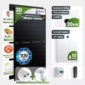 Infografik über ein bifaziales 20-kWp-Solarmodulsystem von SOLYCO mit Symbolen, die Merkmale wie 30 Jahre Garantie, TÜV-Zertifizierung, 10-kWh-Batterie und mitgeliefertes Montagematerial hervorheben.