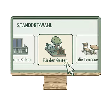 Ein Computerbildschirm zeigt drei Optionen für die Standortauswahl an: den Balkon mit einem Balkonkraftwerk Rechner-Symbol, Für den Garten mit einem Garten-Symbol (durch einen Cursor hervorgehoben) und die Terrasse mit einem Terrassen-Symbol.