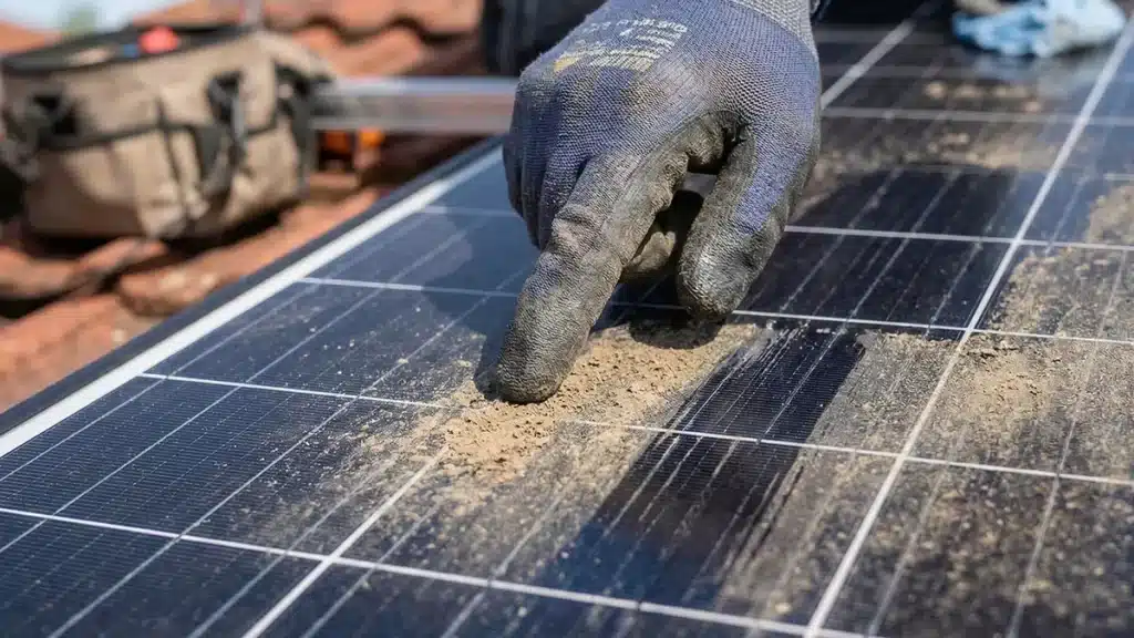 Eine behandschuhte Hand zeigt auf einen Schmutzfleck auf einem Solarmodul und macht deutlich, dass eine Reinigung erforderlich ist. Im Hintergrund sind eine verschwommene Werkzeugtasche und Dachziegel zu sehen.