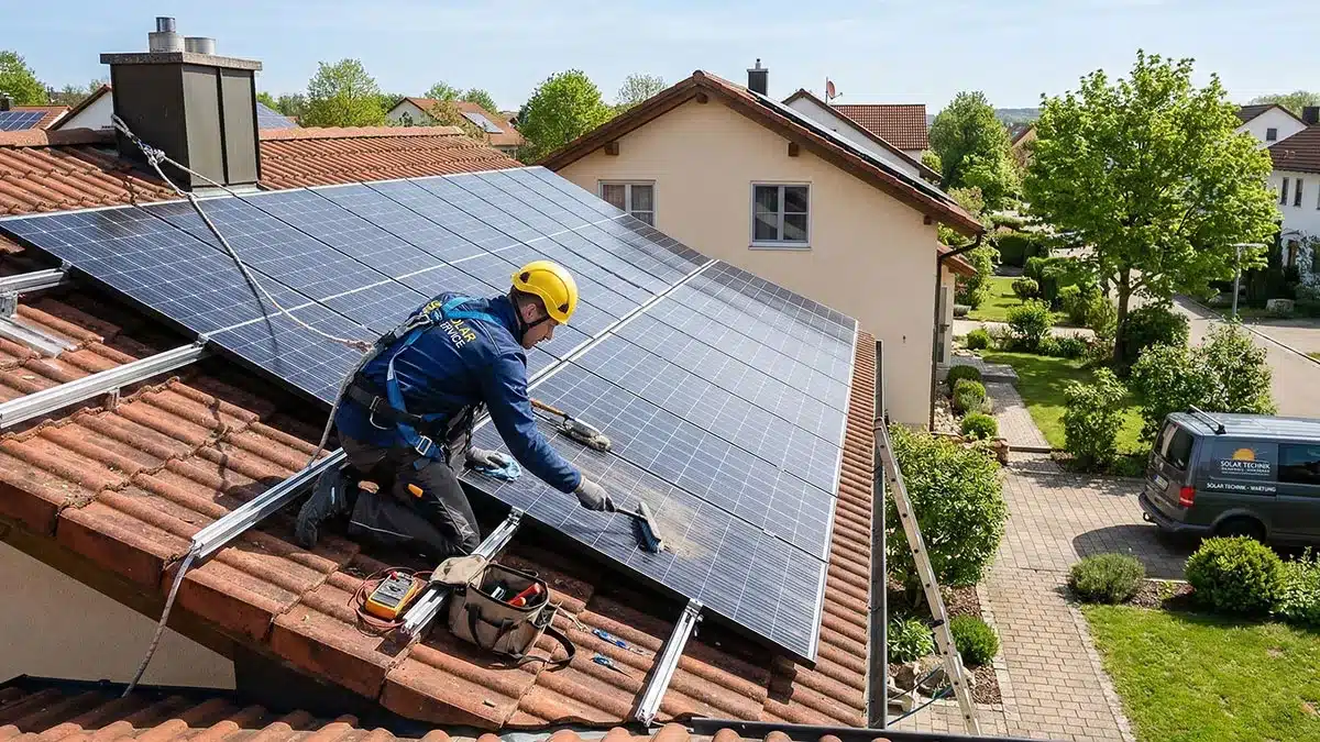 Ein Arbeiter mit Schutzkleidung installiert oder reinigt Solarmodule auf dem Dach eines Hauses in einem Vorort, während im Hintergrund an einem sonnigen Tag Häuser und Grünflächen zu sehen sind.