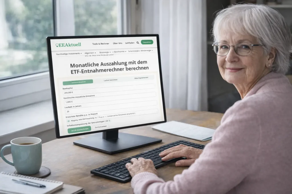 Eine ältere Frau mit Brille lächelt in die Kamera, während sie einen Desktop-Computer benutzt. Der Bildschirm zeigt einen ETF-Entnahmeplan-Rechner auf einer deutschen Website. Sie sitzt an einem Holzschreibtisch an einem Fenster.