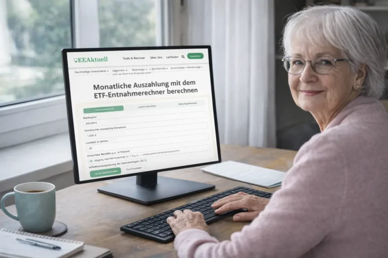 Eine ältere Frau mit Brille lächelt in die Kamera, während sie einen Desktop-Computer benutzt. Der Bildschirm zeigt einen ETF-Entnahmeplan-Rechner auf einer deutschen Website. Sie sitzt an einem Holzschreibtisch an einem Fenster.