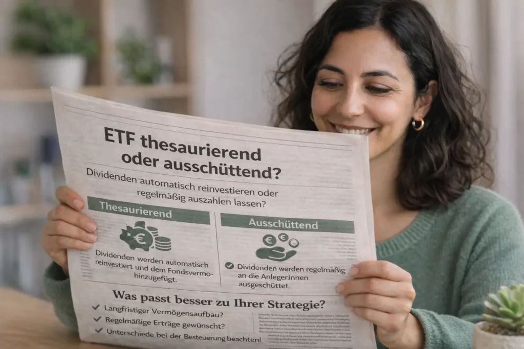 Eine lächelnde Frau mit dunklen Haaren sitzt in einem Haus und liest eine Zeitung mit einer Schlagzeile über ETF thesaurierend oder ausschüttend, die den Vergleich von thesaurierenden und ausschüttenden ETFs auf Deutsch enthält.