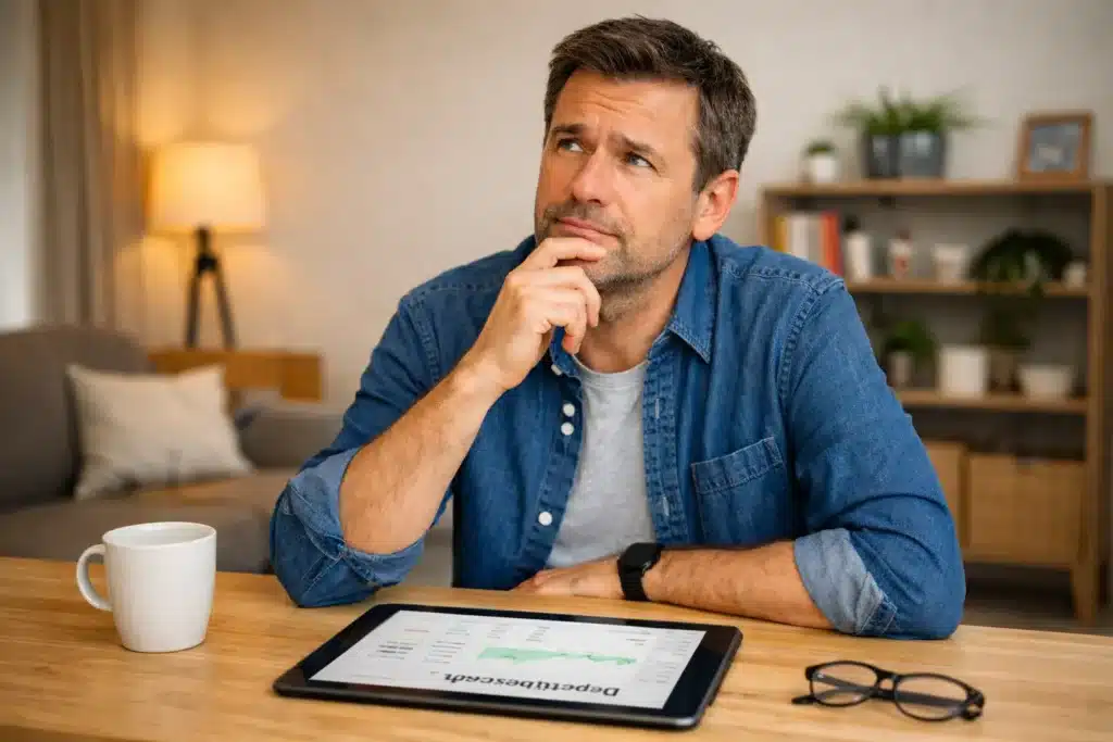 Ein Mann sitzt an einem Tisch und legt nachdenklich die Hand auf sein Kinn. Vor ihm zeigt ein Tablet eine Tabelle von ETF verkaufen an, daneben eine Brille und eine Tasse Kaffee. Im Hintergrund ist ein gemütliches Wohnzimmer zu sehen.