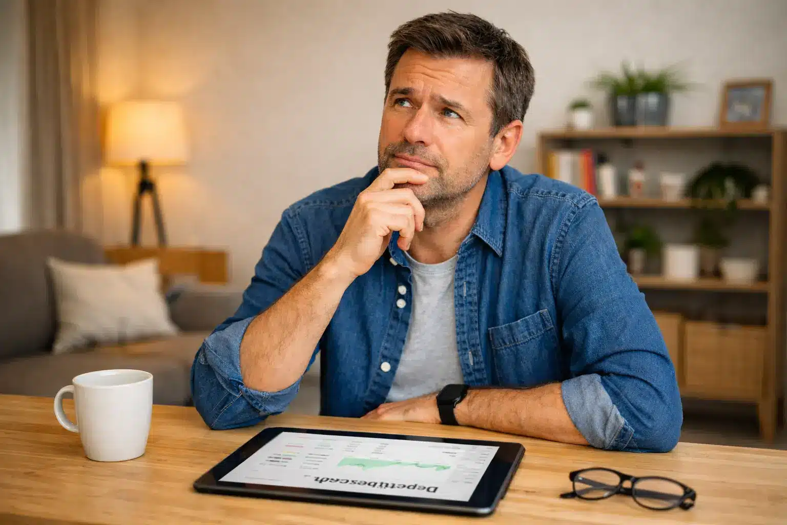 Ein Mann sitzt an einem Tisch und legt nachdenklich die Hand auf sein Kinn. Vor ihm zeigt ein Tablet eine Tabelle von ETF verkaufen an, daneben eine Brille und eine Tasse Kaffee. Im Hintergrund ist ein gemütliches Wohnzimmer zu sehen.
