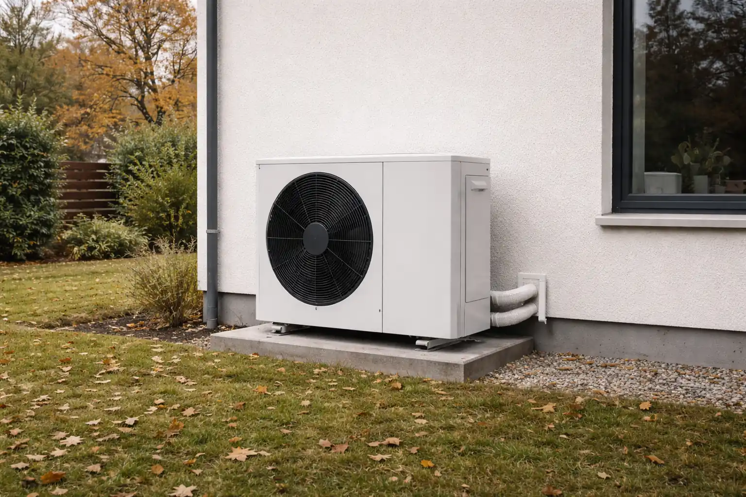 Ein weißes Wärmepumpen-Außengerät, das durch die Heizkurve Wärmepumpe optimiert wurde, ist auf einer Betonplatte neben der Außenwand eines Gebäudes installiert, mit Gras und verstreutem Herbstlaub im Vordergrund.
