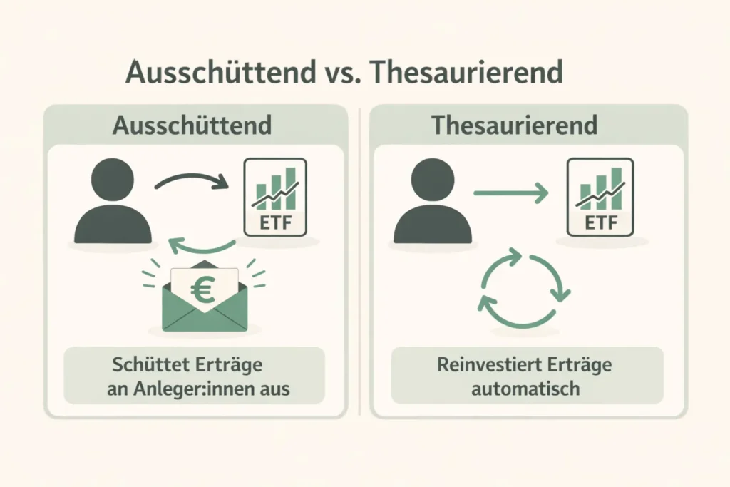 Vergleichsgrafik: "Ausschüttend" zeigt, wie ETF-Gewinne direkt an Anleger ausgezahlt werden. "Thesaurierend" verdeutlicht die automatische Wiederanlage der Profite. Labels erklären ETF thesaurierend oder ausschüttend anschaulich auf Deutsch.