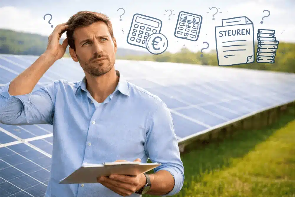 Ein Mann steht vor Sonnenkollektoren, kratzt sich am Kopf und hält ein Klemmbrett in der Hand. Illustrierte Icons über ihm weisen auf Möglichkeiten hin, Photovoltaik steuerlich zu optimieren, und zeigen Taschenrechner, Fragezeichen, ein STEUERN-Steuerdokument, ein Euro-Symbol und Papierstapel.