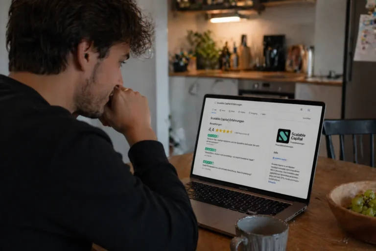 Ein Mann sitzt an einem Tisch in einer Küche und schaut nachdenklich auf einen Laptop-Bildschirm, auf dem Scalable Capital Erfahrungen und Informationen anzeigt. Eine Tasse und eine Schüssel stehen auf dem Tisch neben ihm.