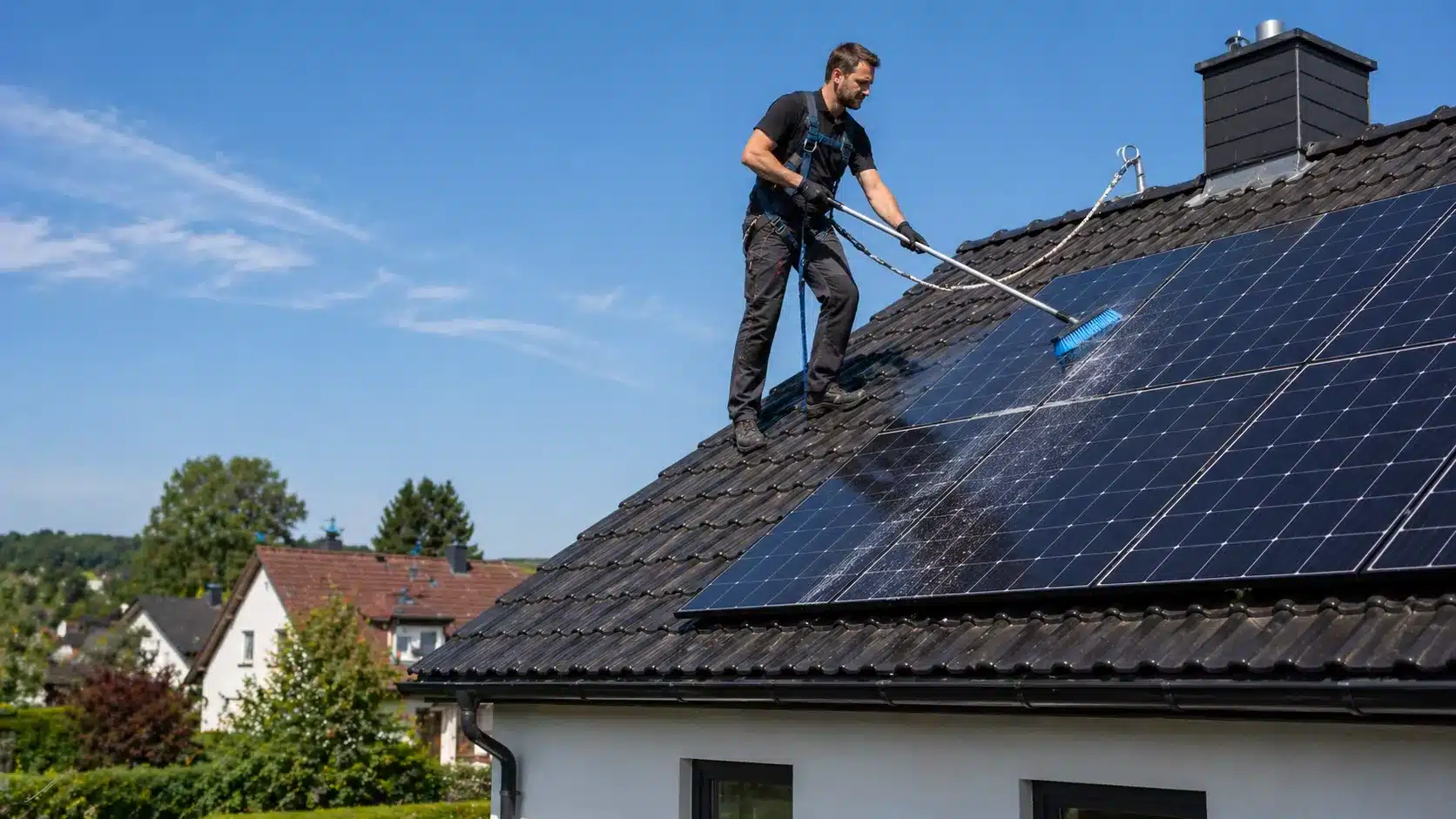 mann reinigt solaranlage auf dem dach