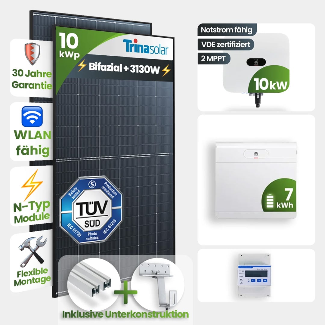 Ein Werbebild für ein bifaziales 10-kWp-Solarmodul-Set von Trina Solar mit Merkmalen wie 30 Jahre Garantie, WLAN, N-Typ-Module, TÜV SÜD-Zertifizierung, 7-kWh-Batterie sowie Wechselrichter und Montagesatz im Lieferumfang.