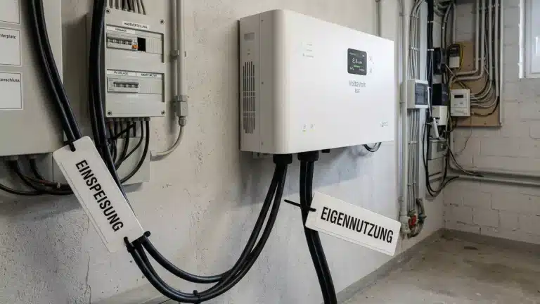 Ein weißes elektrisches Gerät mit Kabeln, die mit EINSPEISUNG und EIGENNUTZUNG beschriftet sind, ist an einer Wand in einem Industrieraum montiert, umgeben von grauen Platten, Rohren und elektrischen Leitungen einer PV-Eigenverbrauchsanlage.