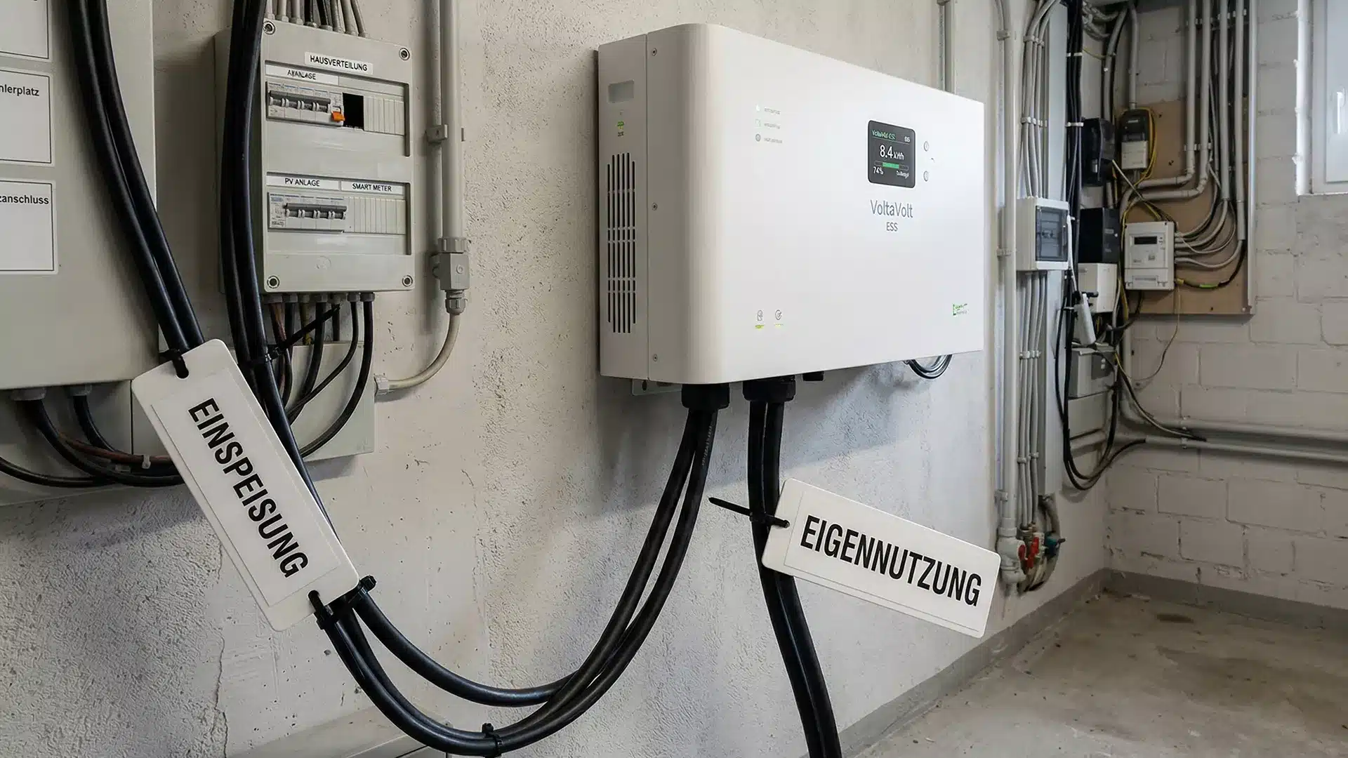 Ein weißes elektrisches Gerät mit Kabeln, die mit EINSPEISUNG und EIGENNUTZUNG beschriftet sind, ist an einer Wand in einem Industrieraum montiert, umgeben von grauen Platten, Rohren und elektrischen Leitungen einer PV-Eigenverbrauchsanlage.
