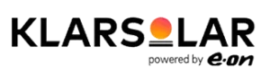 Logo für KLARSOLAR mit dem Buchstaben O, dargestellt durch eine orangefarbene Sonne. Unter dem Haupttext steht der Satz powered by e.on in kleinerer Schrift.