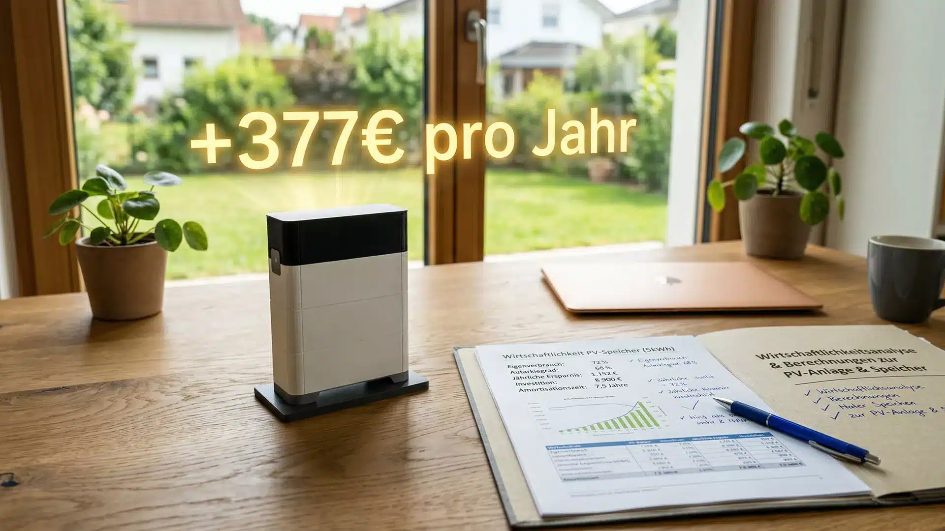 Ein kleines elektronisches Gerät steht auf einem Holztisch am Fenster, neben Pflanzen, einem geschlossenen Laptop und Finanzunterlagen. Der PV-Speicher-Rechner zeigt über dem Gerät +377€ pro Jahr an und weist damit auf die jährlichen Einsparungen hin.