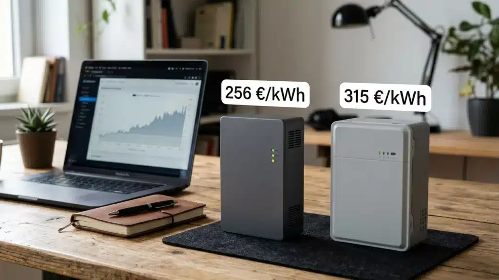 Ein Laptop mit einer Grafik steht auf einem Schreibtisch neben zwei elektronischen Geräten, die mit 256 €/kWh und 315 €/kWh gekennzeichnet sind - ideal für Batteriespeicher- oder Photovoltaik-Speicher-Testsieger. Der Arbeitsbereich ist außerdem mit Notebooks, einer Lampe und Topfpflanzen ausgestattet.
