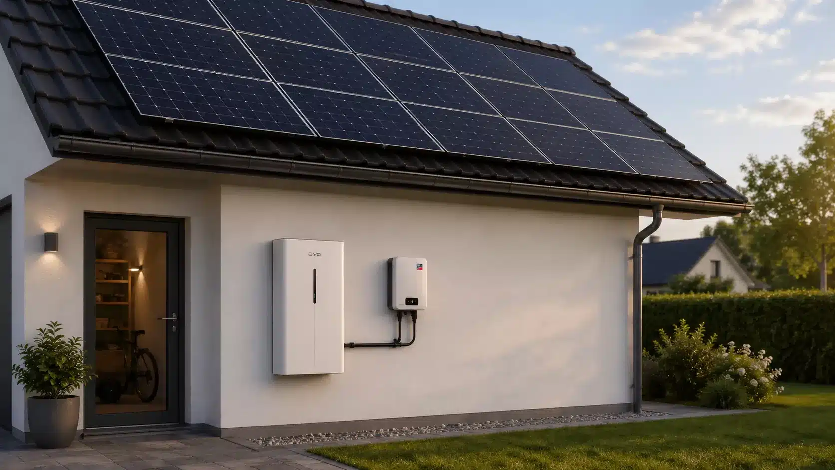 Ein modernes Haus mit einem Solaranlagen Komplettset auf dem Dach und elektrischen Geräten an einer Außenwand, umgeben von einem Garten und Rasen, unter einem klaren Himmel.