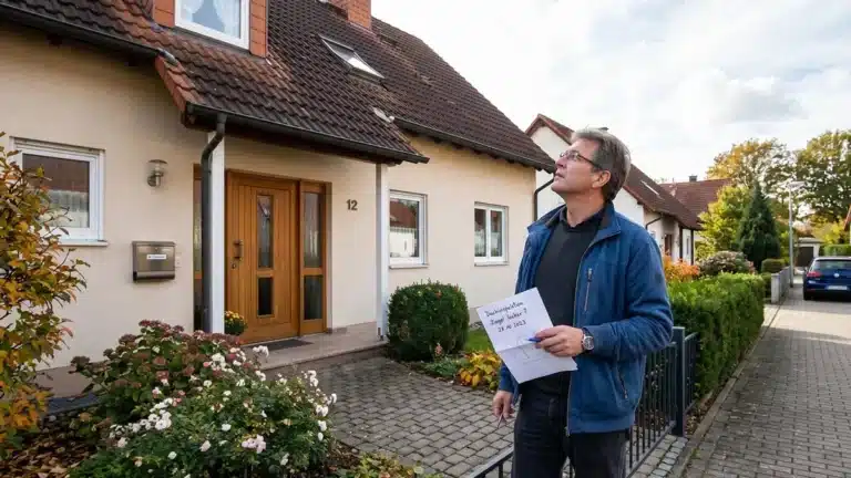 Ein Mann mit einem Zettel in der Hand steht auf dem Gehweg vor einem beigen Haus mit einer braunen Tür und schaut zum oberen Fenster des Hauses hinauf, vielleicht mit dem Gedanken: "PV-Anlage planen", während Blumen und Büsche den Gehweg an einem teilweise bewölkten Tag säumen.