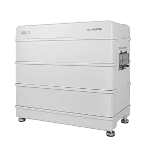 Ein großes, rechteckiges, weißes elektronisches Gerät mit der Aufschrift Sungrow mit Metallfüßen und einem Griff an der Seite, wahrscheinlich ein Batteriespeicher für den Hausgebrauch, vor einem weißen Hintergrund.