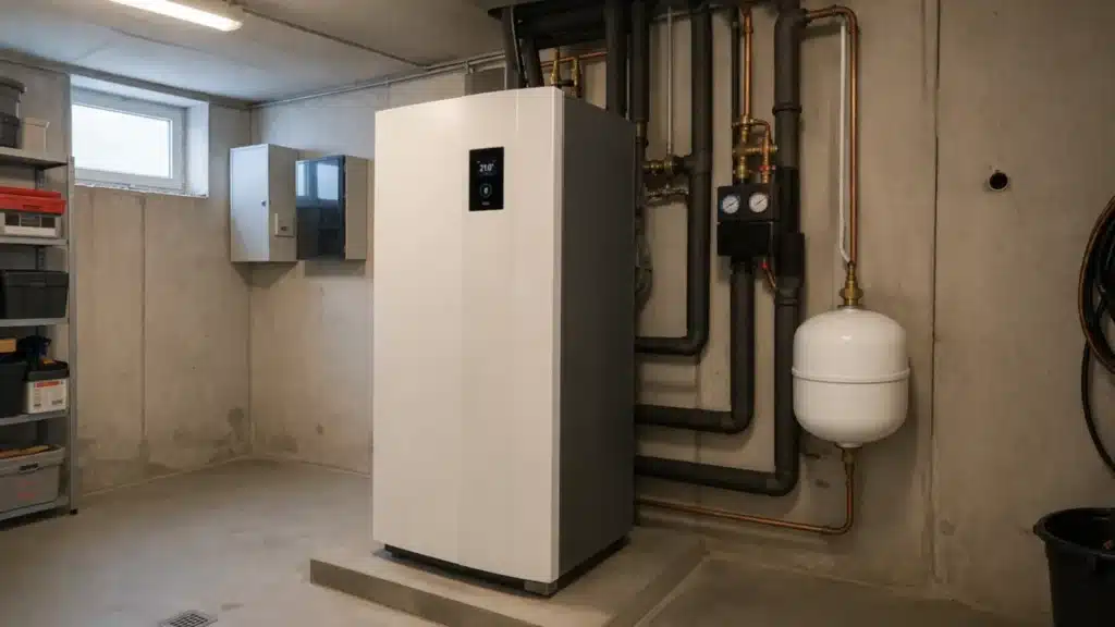 Eine moderne Wärmepumpe im Keller ist in einem sauberen, unfertigen Keller installiert. Schwarze Rohre, Messgeräte und ein weißes Ausdehnungsgefäß sind in der Nähe an den Betonwänden angebracht. Im Hintergrund sind Regale und eine Schalttafel zu sehen.