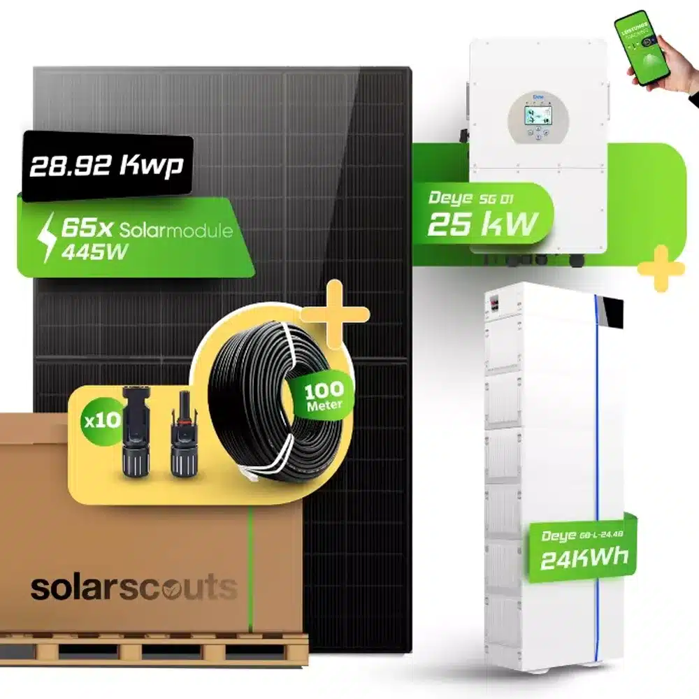 Ein Solarenergie-Bausatz mit 65 Solarmodulen (je 445 W), einem 25-kW-Wechselrichter, einer 24,4-kWh-Batterie, Kabeln (100 Meter), Steckern und einer Solarscouts-Box. Eine Hand hält ein Telefon mit einem grünen Häkchen.