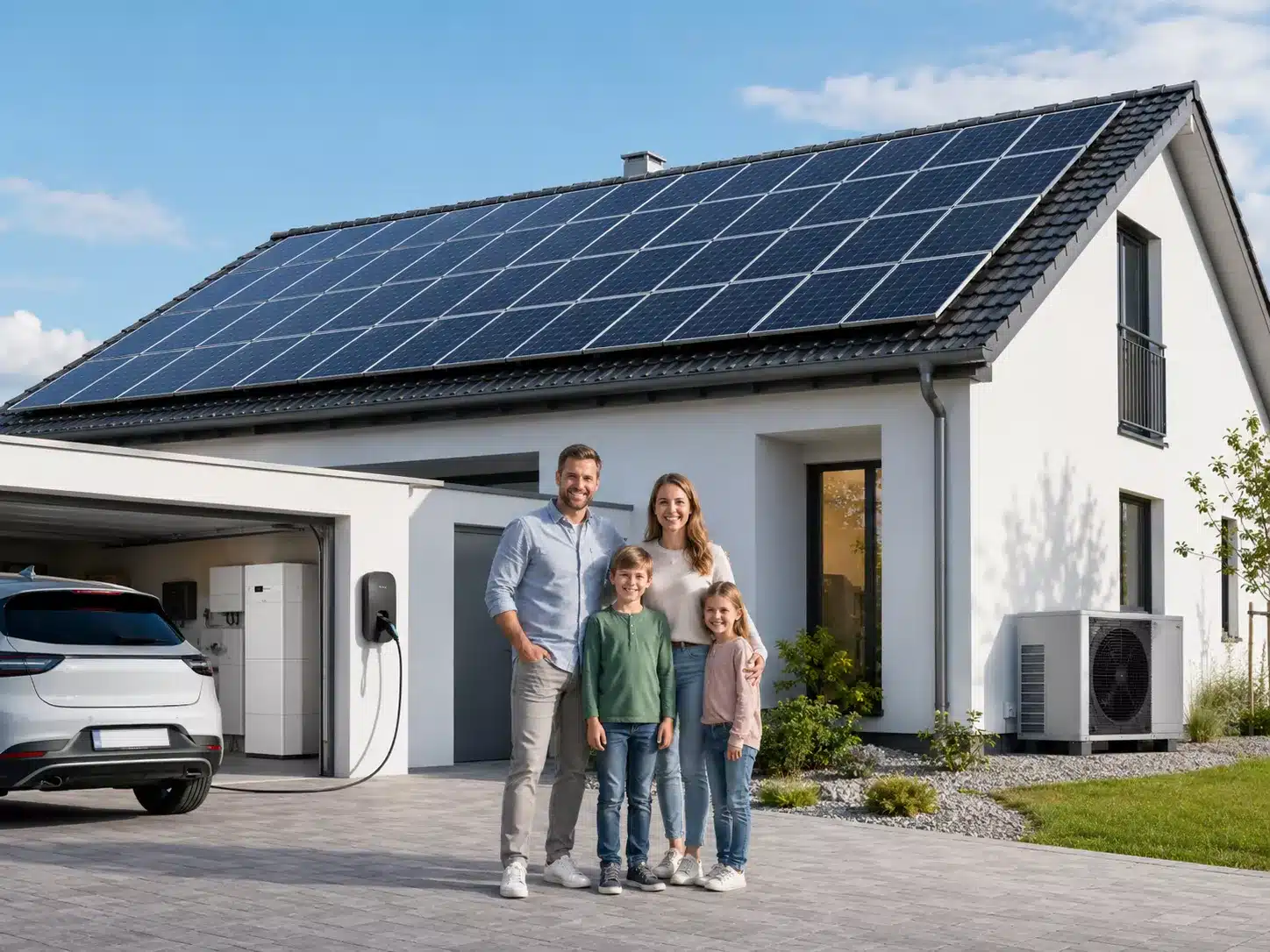 Eine lächelnde vierköpfige Familie steht vor einem modernen Haus mit einer 25 kWp-PV-Anlage auf dem Dach. Ein Elektroauto ist in der Einfahrt geparkt, und an der Wand neben der Garage ist eine Ladestation angebracht.